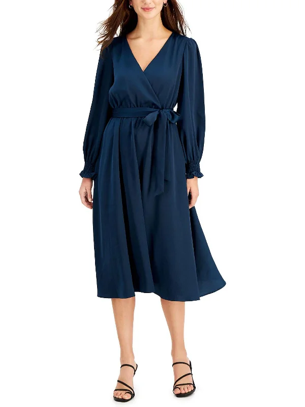 Womens Satin Long Sleeves Midi Dress