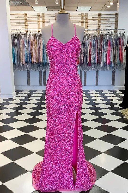 Neon Pink Spaghetti Strap Sequin Mermaid Long Formal Dress