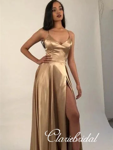 Spaghetti Long A-line Elastic Satin Prom Dresses, High Slit Prom Dresses, Long Prom Dresses