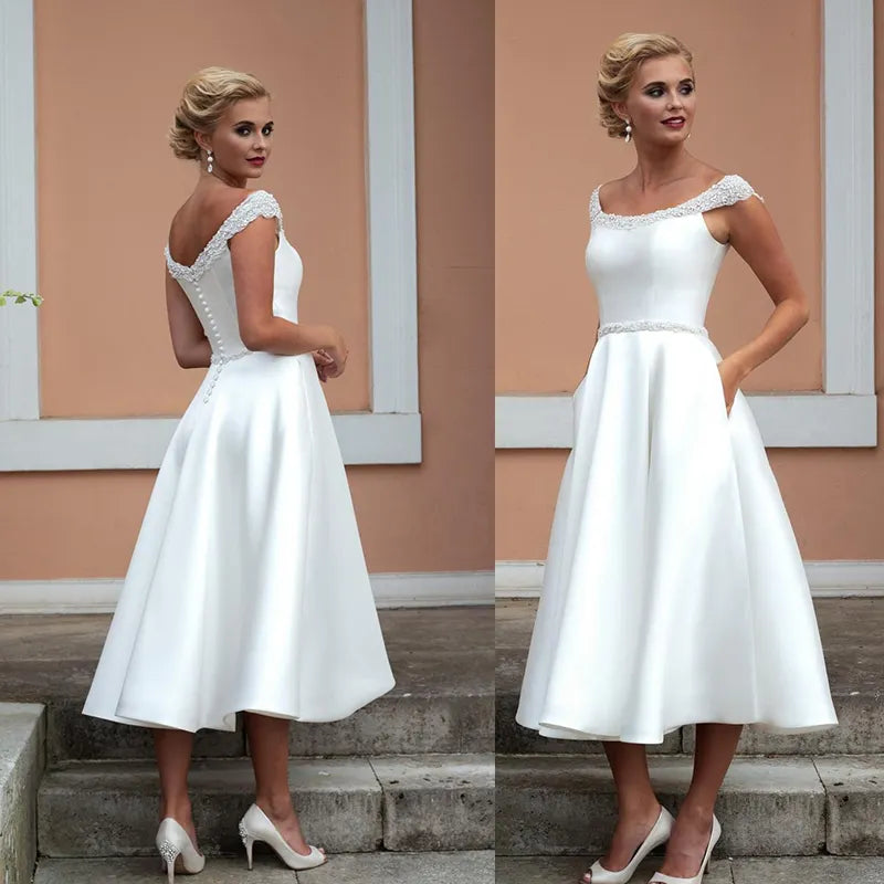 Simple Satin Short Wedding Dresses Knee Length With Crystal Beading Bridal Gowns With Pocket Elegant Scalloped Cap Sleeve