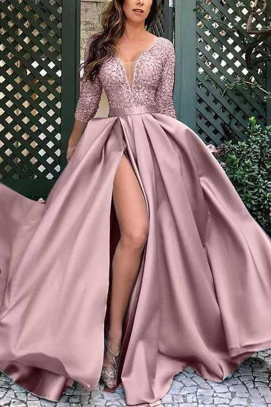 Elegant A-Line V-Neck Appliques Long Sleeves Pleated Long Formal Dress with Slit