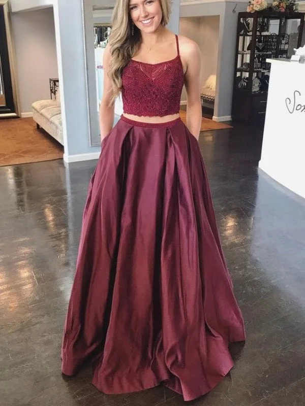 Two Pieces Burgundy Long Prom Dresses, A-line Prom Dresses, 2020 Prom Dresses