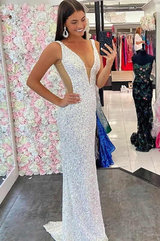 White Sequin V-Neck Mermaid Long Formal Dress