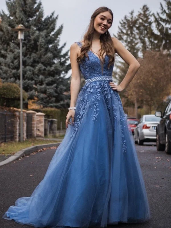 V-neck Beaded Long Prom Dresses, Popular Lace Prom Dresses, 2020 Elegant Prom Dresses