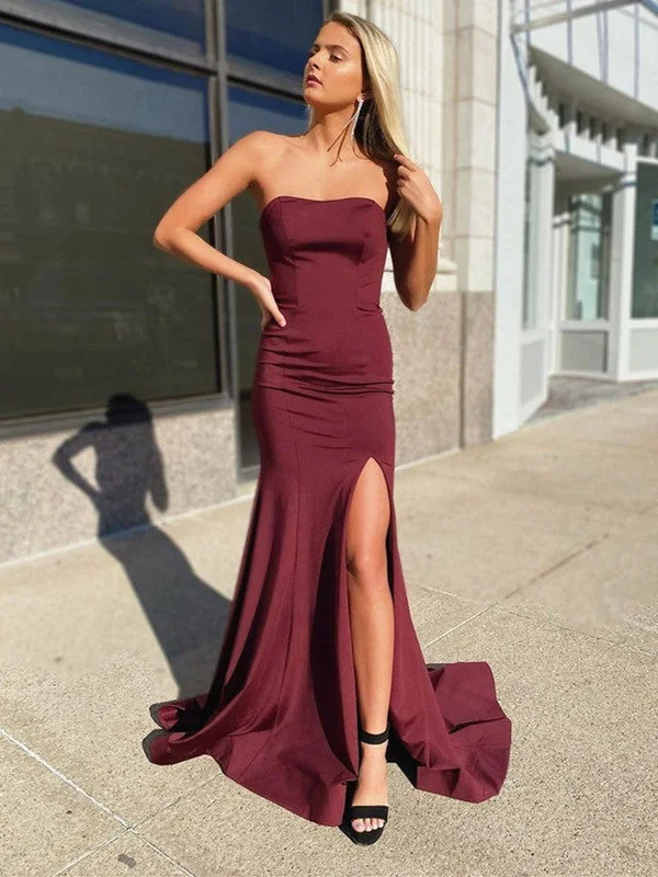 Strapless Mermaid Long Prom Dresses, Popular 2020 Slit Newest Prom Dresses