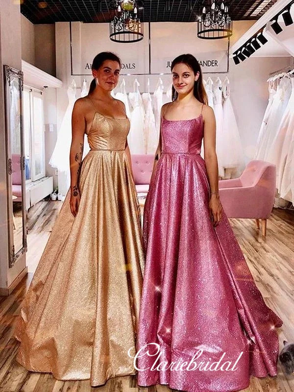 Spaghetti Long A-line Shemmering Prom Dresses, Long Prom Dresses, 2020 Popular Prom Dresses