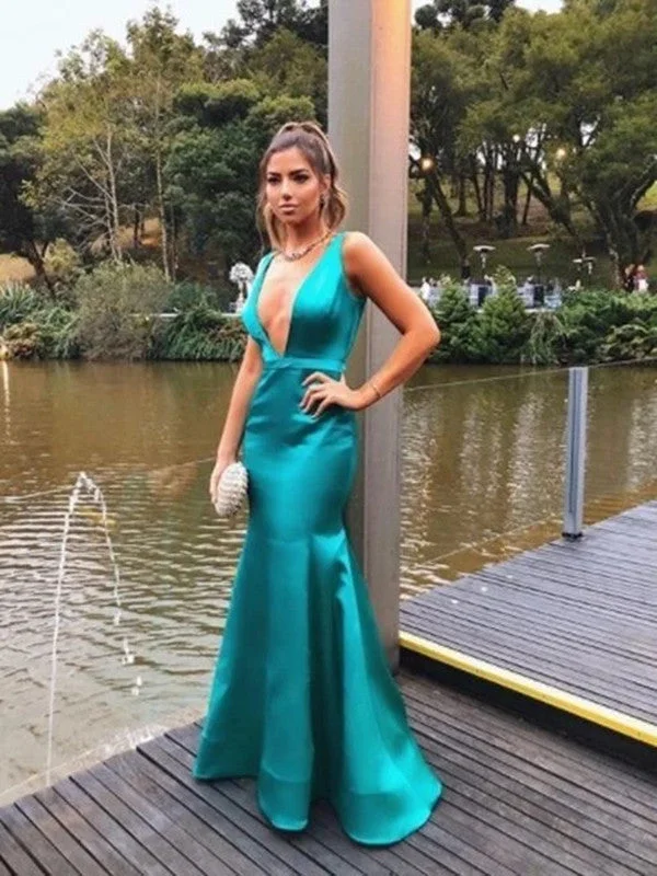 2020 Simple Long Prom Dresses, Deep V-neck Prom Dresses, Mermaid Prom Dresses