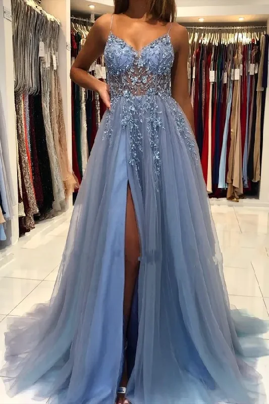 Spaghetti Straps A-Line Appliques Empire-Waist Tulle Prom Dress with Slit