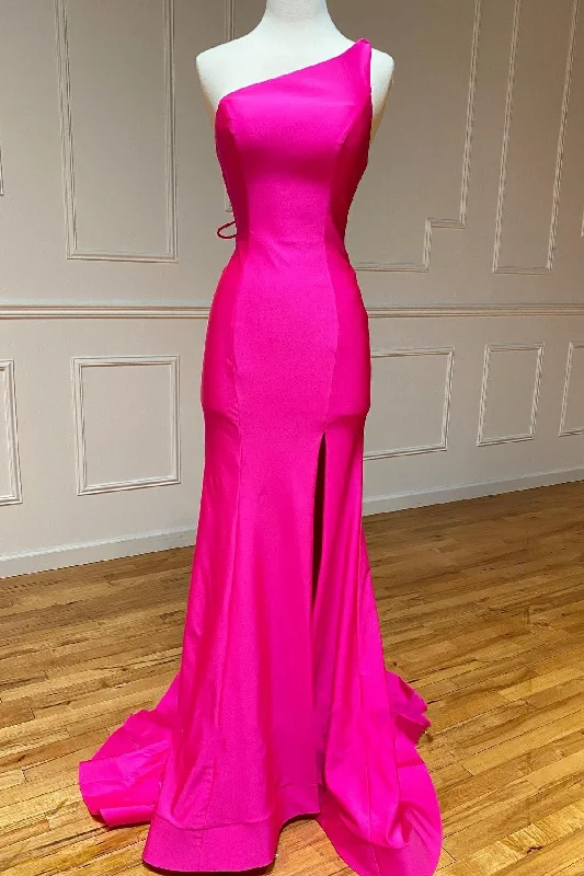 One-Shoulder Neon Pink Mermaid Long Formal Dress