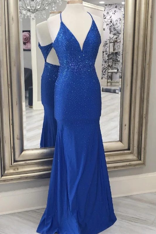 Royal Blue Beaded Backless Mermaid Long Formal Dress