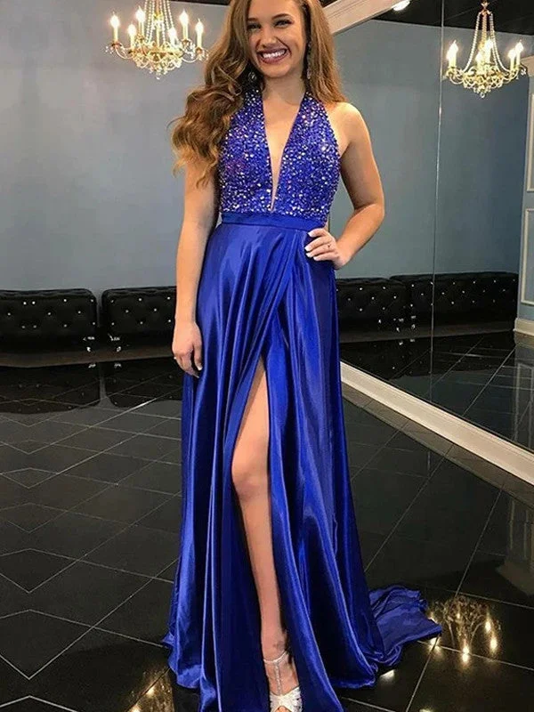 Royal Blue Halter Rhinestones Long Prom Dresses, High Slit Newest Prom Dresses