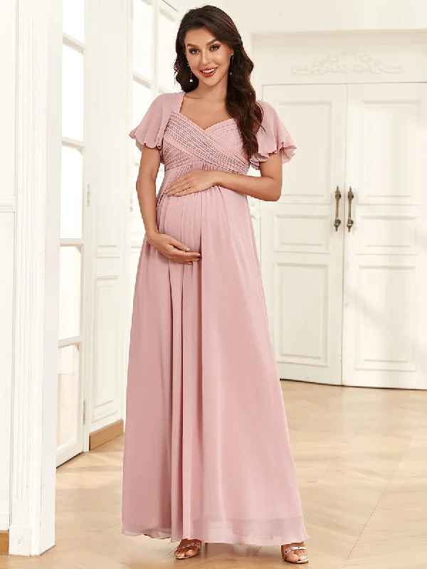 Short Lantern Sleeves Deep V Neck A Line Wholesale Maternity Dresses