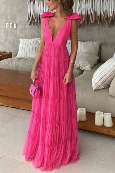 A-Line Straps Deep V-Neck Sleeveless Pleated Long Formal Prom Dress