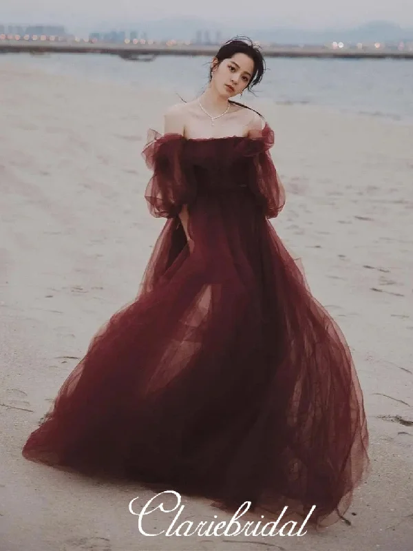 Off Shoulder Long A-line Prom Dresses, Maroon Tulle Prom Dresses, Fluffy Long Prom Dresses