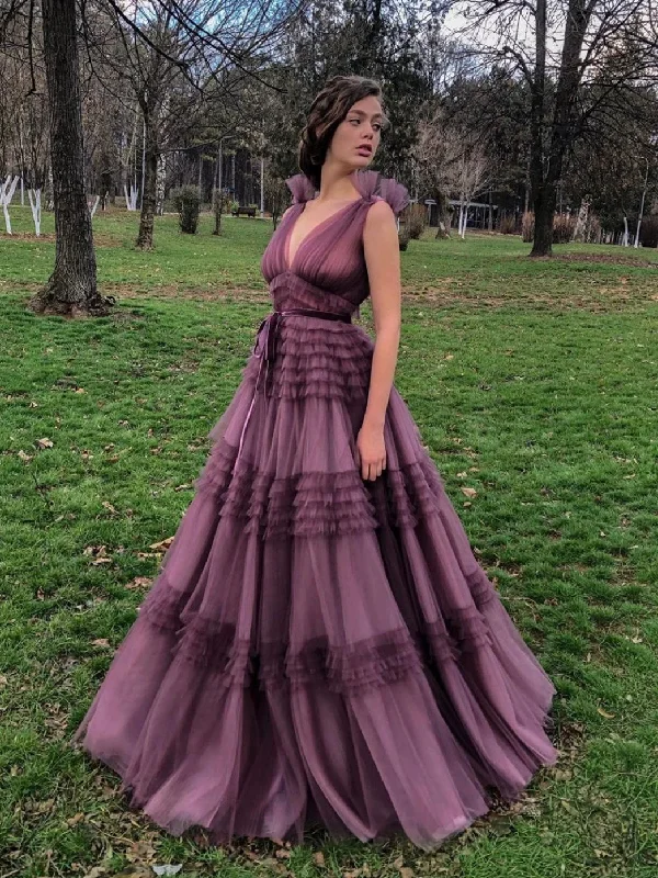 Dusty Purple Long A-line Prom Dresses, Chic Tulle Prom Dresses, High Waist Prom Dresses