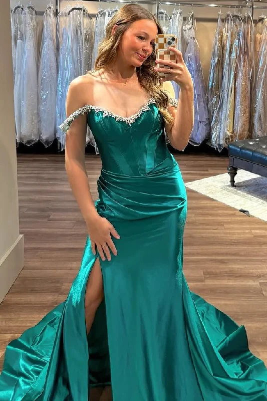 Off-Shoulder Beads Scoop Mermaid Long Formal Prom Dress with Train