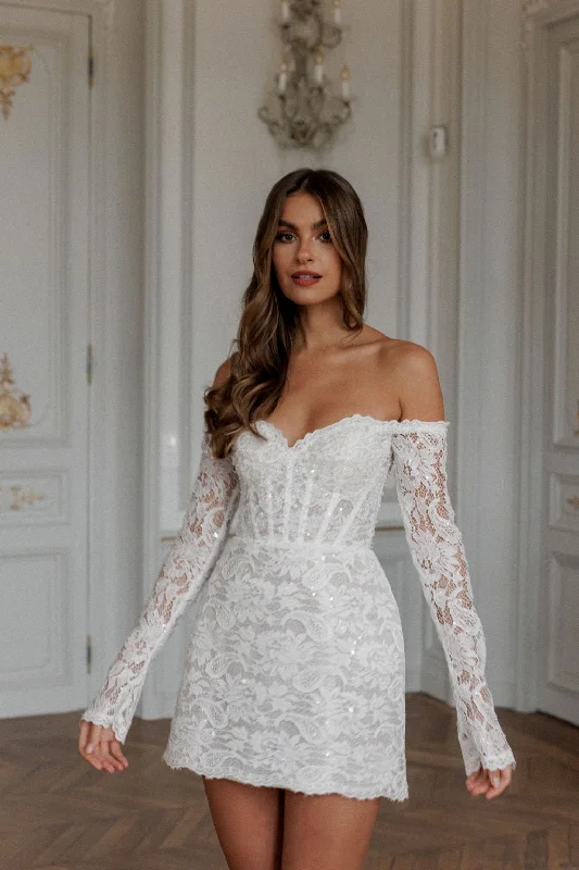 Glitter Full Lace A-Line Mini Wedding Dresses Long Sleeves Sweetheart Off The Shoulder Short Bridal Gowns vestidos de novia