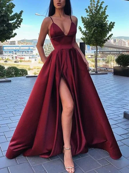 Spaghetti Long A-line Side Slit Burgundy Prom Dresses, Simple Popular Prom Dresses, 2020 Prom Dresses