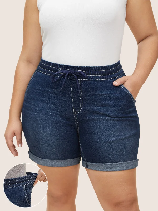 Roll Hem Elastic Waist Drawstring Denim Shorts