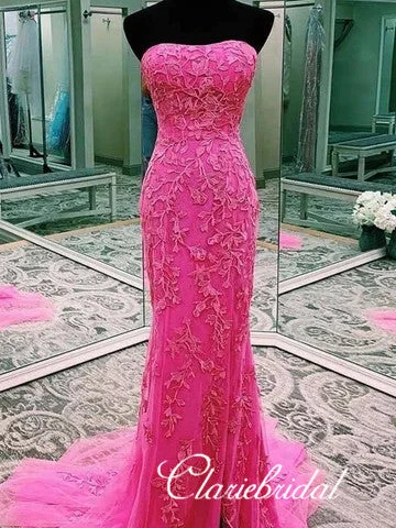 Strapless Long Mermaid Pink Lace Prom Dresses, Long Prom Dresses, 2020 Prom Dresses