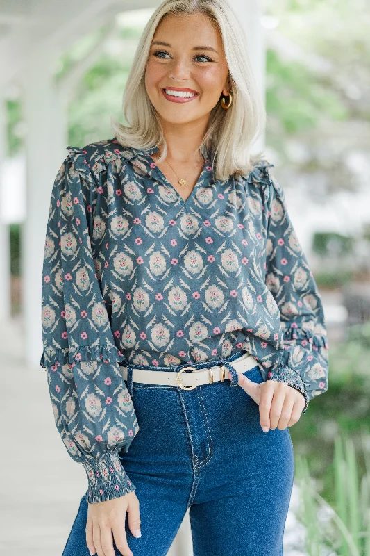 All Worth It Navy Blue Medallion Blouse