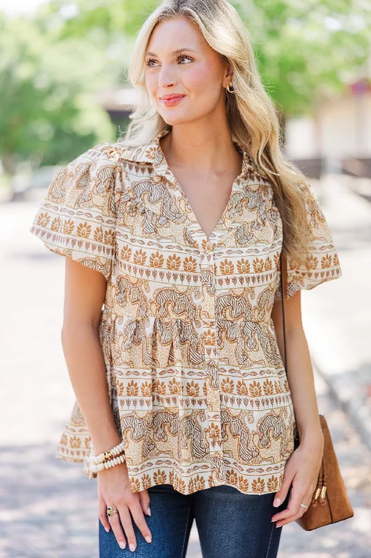 In This Place Taupe Brown Printed Blouse