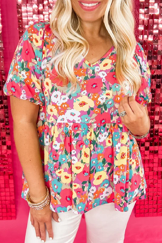 Boho Floral Short Puff Sleeve Babydoll Blouse